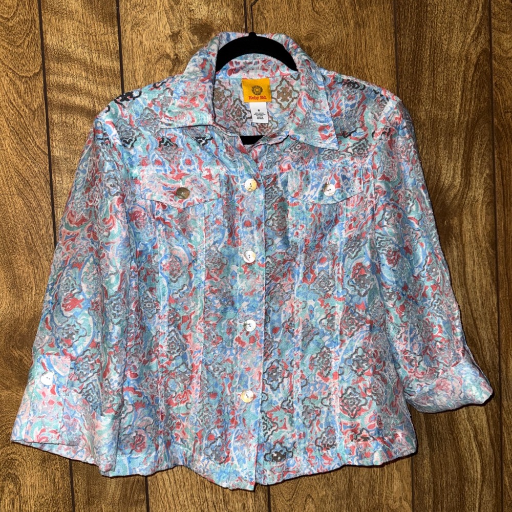 Ruby Rd Womens Floral Print Button Down Jacket Blue Coral Colorful Sheer Size 8